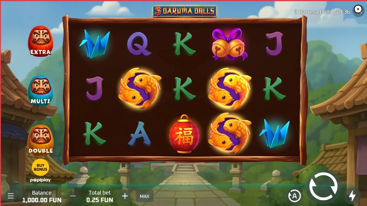 Tampilan visual slot 3 Daruma Dolls dengan latar belakang kuil Jepang yang mistis